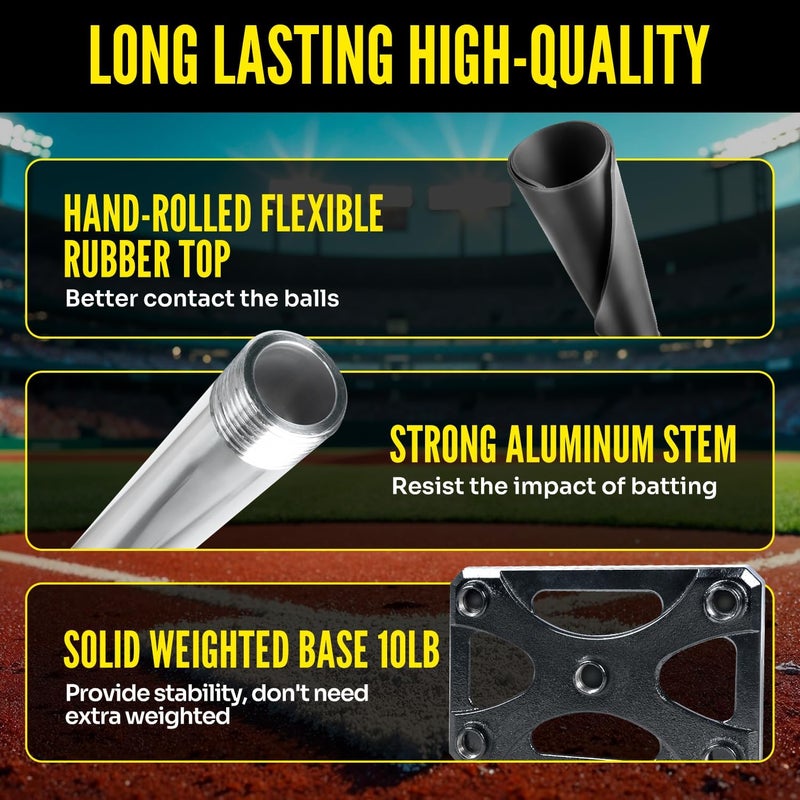 PLAYAPUT 5 Position Batting Tee,Hitting Tee Height Adjustable 24-46 Inch Baseball Tee with 2 Rubber Top,Aluminum Pole,Metal Base Softball Tee for All Players Practice Inside, Middle,Outside - Image 2